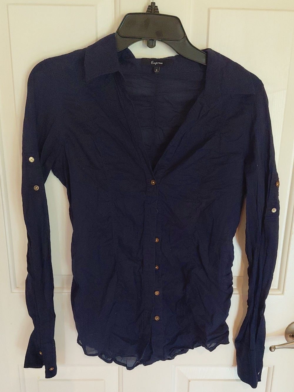 Express Women's Dark Navy Button-Down Long Sleeve Shirt